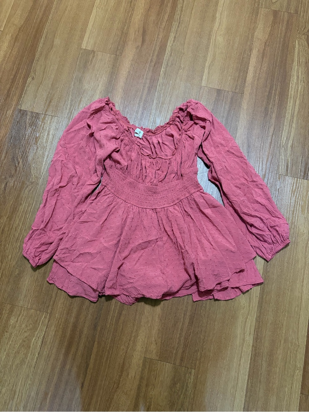 Urban Outfitters Clip Dot Smocked Long Sleeve Pink Romper Short Size Large